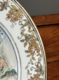 A rare Chinese Canton famille rose plate depicting an official traveling along the Pearl River towards the Whampoa Pagoda, Qianlong