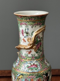 A Chinese Canton famille rose basin and a pair of vases with narrative design, 19th C.