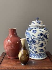 Deux vases en porcelaine de Chine monochrome et un vase couvert en bleu et blanc, 19&egrave;me