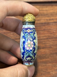 A Chinese Canton enamel 'European scene' snuff bottle, Qianlong mark, 19th C.