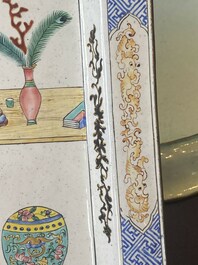 Two Chinese Canton enamel square trays with narrative design, Shou 壽 mark, 18/19th C.