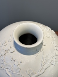 A Chinese monochrome white-glazed biscuit 'meiping' vase, signed Wang Bingrong 王炳榮, 19/20th C.