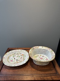 A Chinese Canton famille rose reticulated basket and stand, 19th C.