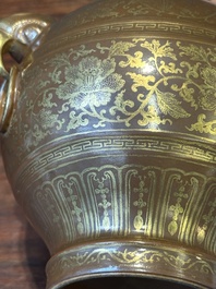 A Chinese brown-glazed 'hu' vase with gilt flower scrolls, Jiaqing mark and of the period