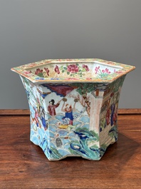 A very fine hexagonal Chinese Canton famille rose jardiniere, 19th C.