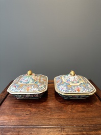 Paire de terrines couvertes en porcelaine de Chine famille rose monogramm&eacute;es 'CSM', Jiaqing