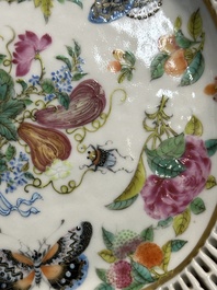 Three Chinese Canton famille rose reticulated oval dishes with flowers, butterflies and marine animals, 19th C.
