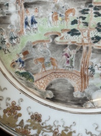 A rare Chinese Canton famille rose plate depicting an official traveling along the Pearl River towards the Whampoa Pagoda, Qianlong