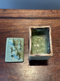 A Chinese Longquan celadon rectangular censer and cover on wooden stand, Ming