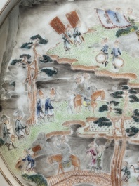 A rare Chinese Canton famille rose plate depicting an official traveling along the Pearl River towards the Whampoa Pagoda, Qianlong