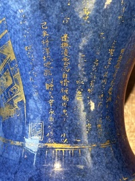 A pair of Chinese gilt-decorated powder-blue 'yenyen' vases with gilt bronze mounts, Kangxi