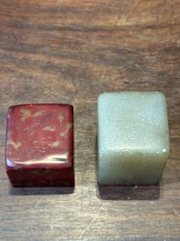 A Chinese 'chicken blood' soapstone seal and a russet jade seal, Qing