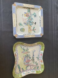 Two Chinese Canton enamel square trays with narrative design, Shou 壽 mark, 18/19th C.