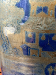 A Chinese gilt-decorated powder-blue vase with landscape design, Qianlong/jiaqing