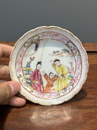 Six Chinese Canton famille rose 'mandarin subject' cups and saucers with four covers, Qianlong