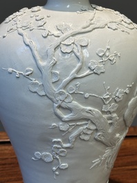 A Chinese monochrome white-glazed biscuit 'meiping' vase, signed Wang Bingrong 王炳榮, 19/20th C.