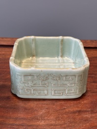A square Chinese gilt monochrome celadon-glazed 'dragon' bowl, Daoguang mark and of the period