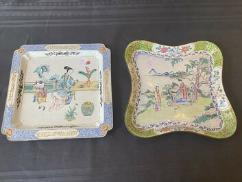 Two Chinese Canton enamel square trays with narrative design, Shou 壽 mark, 18/19th C.