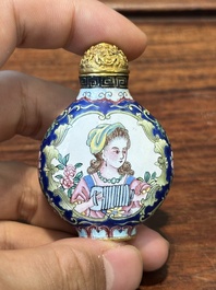 A Chinese Canton enamel 'European scene' snuff bottle, Qianlong mark, 19th C.