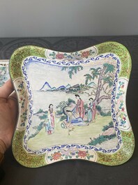 Two Chinese Canton enamel square trays with narrative design, Shou 壽 mark, 18/19th C.