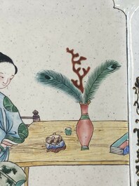 Two Chinese Canton enamel square trays with narrative design, Shou 壽 mark, 18/19th C.