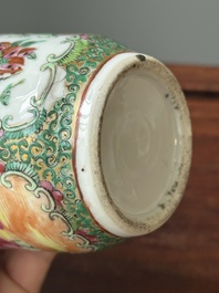 A Chinese Canton famille rose basin and a pair of vases with narrative design, 19th C.