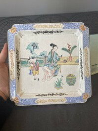 Two Chinese Canton enamel square trays with narrative design, Shou 壽 mark, 18/19th C.