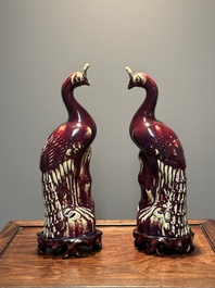 A pair of Chinese flamb&eacute;-glazed models of peacocks on wooden stands, 19th C.