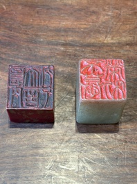 A Chinese 'chicken blood' soapstone seal and a russet jade seal, Qing