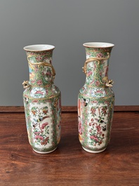 A Chinese Canton famille rose basin and a pair of vases with narrative design, 19th C.