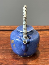 A Chinese gilt-decorated powder-blue teapot and cover with a faux-bamboo handle, Kangxi
