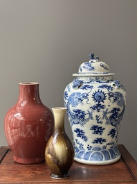 Deux vases en porcelaine de Chine monochrome et un vase couvert en bleu et blanc, 19&egrave;me