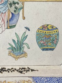 Two Chinese Canton enamel square trays with narrative design, Shou 壽 mark, 18/19th C.