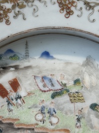 A rare Chinese Canton famille rose plate depicting an official traveling along the Pearl River towards the Whampoa Pagoda, Qianlong