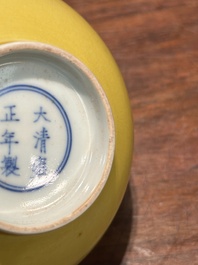 A pair of Chinese monochrome yellow-glazed bowls, Yongzheng mark, 19th C