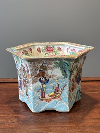 A very fine hexagonal Chinese Canton famille rose jardiniere, 19th C.