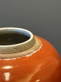 A Chinese monochrome coral-red-glazed ginger jar with wooden cover, 18th C.