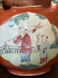 A Chinese famille rose coral-red-ground teapot with 'faux marbre' spout and handle, Jiaqing