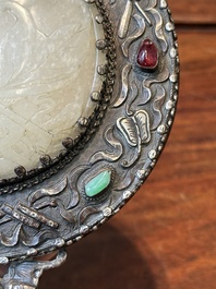 A Chinese white jade-mounted and gemstone inlaid silver hand mirror, 19/20th C.