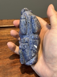 A group of Chinese carvings of lapis lazuli, pink quartz and other precious stones, with several stands, 19/20th C.