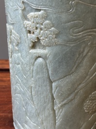 A Chinese spinach jade brush pot with relief design, 18th C.