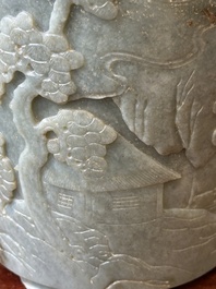 A Chinese spinach jade brush pot with relief design, 18th C.