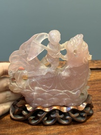 A group of Chinese carvings of lapis lazuli, pink quartz and other precious stones, with several stands, 19/20th C.