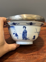 A Chinese blue and white bowl depicting playing boys and ladies with a mounted silver handle, Chenghua mark, Kangxi