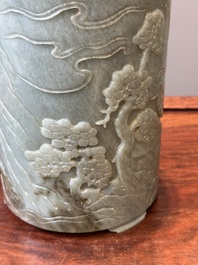 A Chinese spinach jade brush pot with relief design, 18th C.