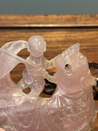 A group of Chinese carvings of lapis lazuli, pink quartz and other precious stones, with several stands, 19/20th C.