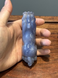 A group of Chinese carvings of lapis lazuli, pink quartz and other precious stones, with several stands, 19/20th C.