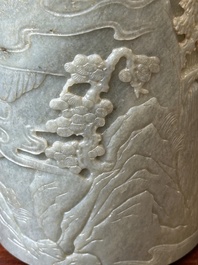 A Chinese spinach jade brush pot with relief design, 18th C.