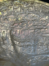 Five Chinese carved mother-of-pearl shells on wooden stands, Canton, 19th C.