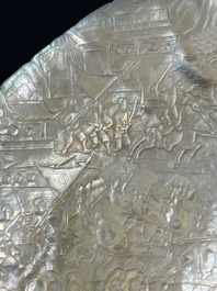 Five Chinese carved mother-of-pearl shells on wooden stands, Canton, 19th C.